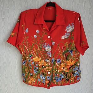 Womens M Button Down Top Floral Print Relaxed Retro Art To Wear Red Colorful